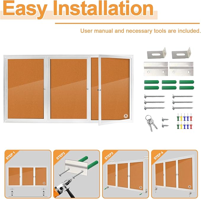 Lockable Outdoor Enclosed Bulletin Board, Weatherproof Cork Noticeboard with Locking Door, Wall-Mounted Aluminum Silver Framed Display Case for Messages,70x36 Inch