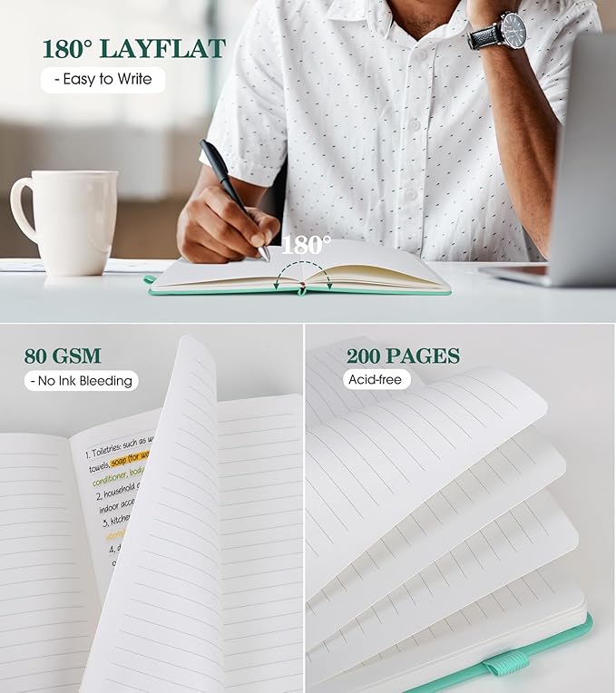 Lined Journal Notebook for Women, A5 Green Hardcover Leather Journals for Writing, 200 Pages Travel Daily Journal,Thick College Ruled Notebook for Work School, Note Taking, Business 5.75'' X 8.38''