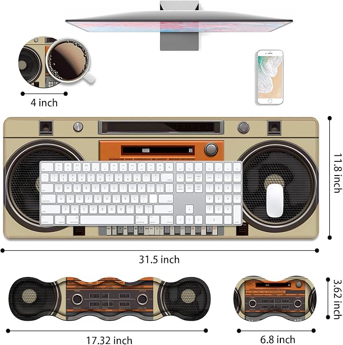 4 in 1 Ergonomic Keyboard Wrist Rest & Mouse Pad Wrist Rest Set, Large XXL Gaming Desk Mat 31.5"x 11.8" with Non-Slip Base, Memory Foam for Home Office Study Gaming, Retro Tape Recorder