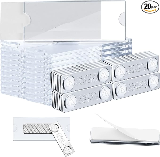 20 Pieces Magnetic Name Tags Kit Acrylic Name Badge Holders Clear Label Holders with Blank Printable Paper Inserts Magnets Custom Identity for Office