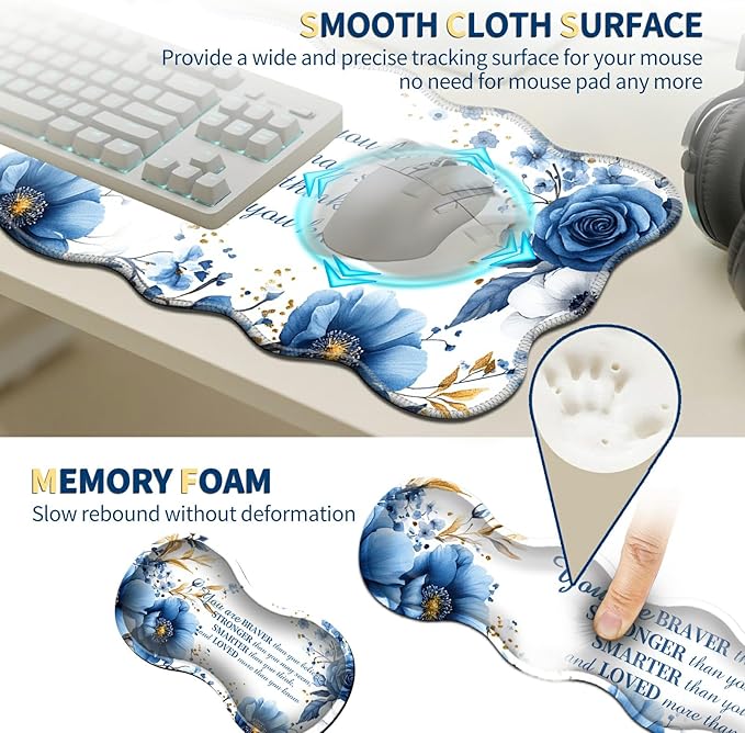 4-Piece XXL Gaming Mouse Pad Set (31.5"x11.8") with Keyboard Wrist Rest,Mouse Wrist Support & Coaster,Ergonomic Non-Slip Desk Mat for Office & Home,Bule Flower Quotes