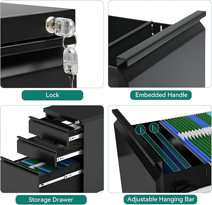 YITAHOME 3 Drawer File Cabinet with Lock, 20" Deep Office Vertical Files, Mobile Metal Filing Cabinet, Metal Vertical Filing Storage Cabinet for Letters/Legal/A4 Size,Black