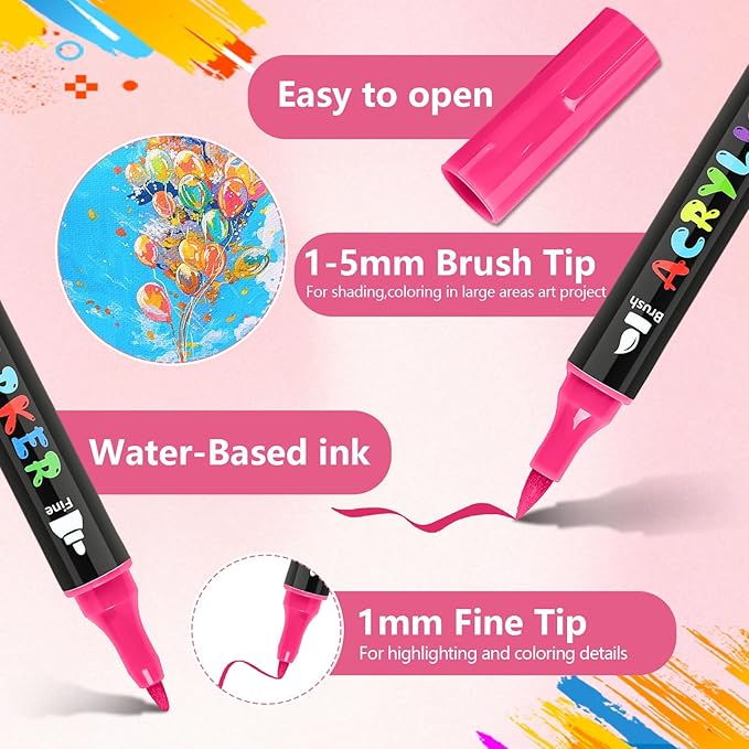 IVSUN Acrylic Paint Pens, 100 Colors Dual Tip Paint Markers with Fine Tip and Brush Tip Pens for Stone, Wood, Canvas, Calligraphy, Ceramic, Metal, Glass, Rock Painting, DIY Crafts Art Supplies Kit