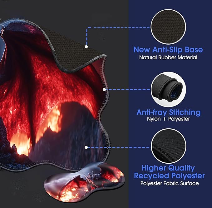 Large Mouse Pad and Keyboard Wrist Rest, Desk Pad for Keyboard and Mouse, 4-in-1 Large Gaming Mouse Pad with Wrist Support, Desk Mat for Home Office Study Game-Dragon in Flames