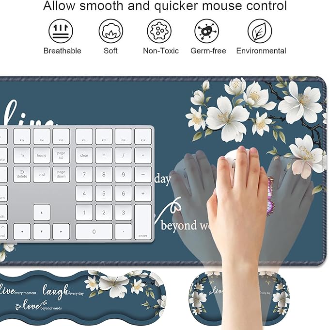 4 in 1 Ergonomic Keyboard Wrist Rest & Mouse Pad Wrist Rest Set, Large XXL Gaming Desk Mat 31.5"x 11.8" with Non-Slip Base, Memory Foam for Home Office Study Gaming, Floral Quote Live Laugh Love