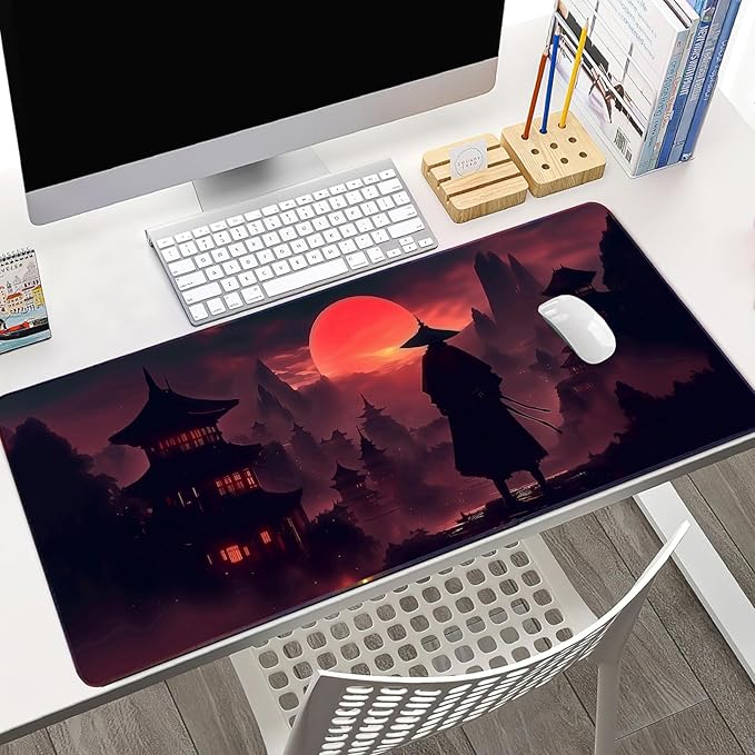 Moonlight Japanese Samurai Mouse Pad Gaming Mousepad Non-Slip Rubber Base Keyboard Pad Desk Mat for Home Office, 31.5 x 11.8 in