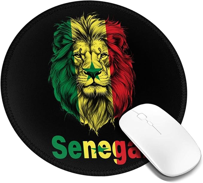 Lion Funny Senegal Flag Round Mouse Pad Small 8 Inch Anti-Slip Portable Office Decor Desk Accessories for Men Women Funny Gift