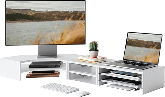Fenge Dual Monitor Stand, Corner Monitor shelf with Drawer and Slide-Out Tray, 2 Tier Triangle Monitor Riser with Storage, Desk Shelf Organizer for Desk, Home Office, Computer, Laptop, Printer