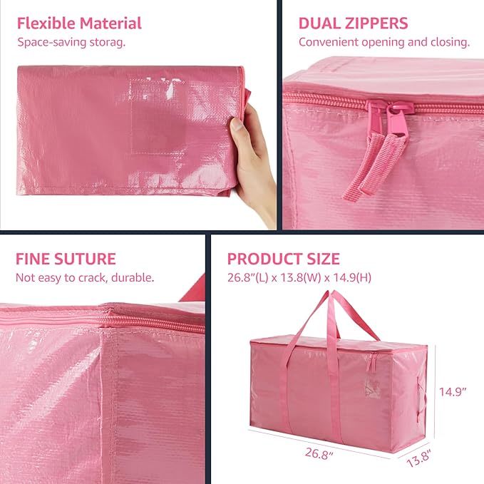 Moving Bags Heavy Duty Extra Large, Moving Boxes, Moving Supplies Essentials, Storage Bins with Lids, Plastic Packing Totes, Storage Bags for Clothes with Handles & Zippers(Pink, 12 Pack)