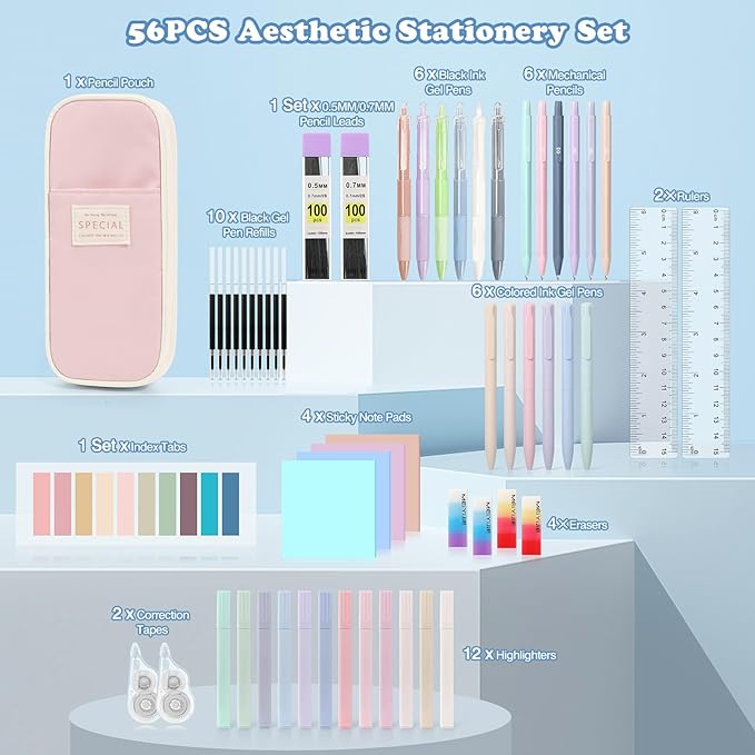 MoKo 56 PCS Aesthetic School Supplies with Pencil Pouch, Cute Stationery Set for Students Office, 12 Gel Pens, 12 Pastel Highlighters, 6 Mechanical Pencils 0.5 & 0.7mm, Sticky Note Index Tab (Pink)