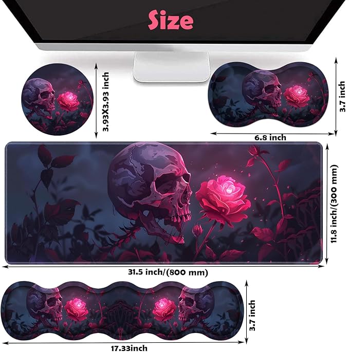 Large XXL Gaming Desk Mat 31.5"x 11.8", Ergonomic Keyboard Wrist Rest & Mouse Pad Wrist Rest + Coaster Set, Non-Slip Base, Memory Foam, Office and Home, Rose Skull
