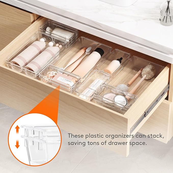 Lifewit 6 Pcs Large Bathroom Drawer Organizers, 3 Sizes Clear Plastic Storage Organizer Trays for Make Up, Kitchen Utensils, Vanity Accessories in Bathroom/Office/Dresser Organization