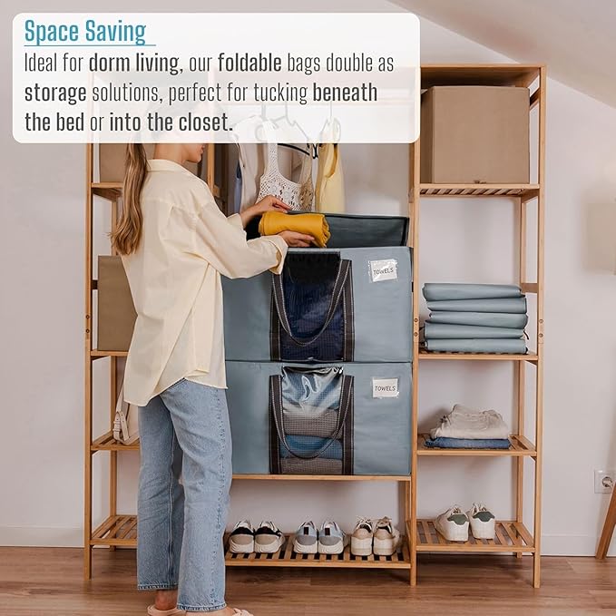 VENO 4 Pack Moving Bags, Moving Supplies, Moving Boxes, College Packing Storage Boxes with Lids Alternative, Heavy Duty Totes, Extra Large, Sturdy Handles, Zipper (Light Blue with Window, 4 Pack)