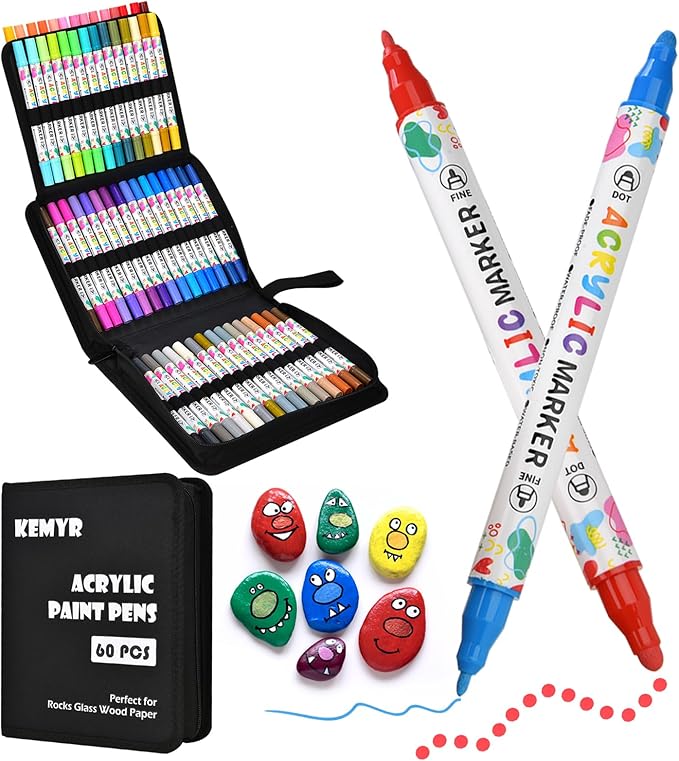 60 Colors Acrylic Paint Pens, Dual Tip Acrylic Paint Markers for Paper, Wood, Canvas, Stone, Rock Painting, Glass, Fabric, DIY, Ceramic, Art Supplies for Kids and Adults Drawing (Dot + Fine)