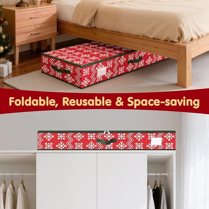 Wrapping Paper Organizer Storage, Christmas Wrapping Paper Storage with Flexible Partition & Pockets for Christmas Decorations, Ribbon, Underbed Gift Wrap Organizer for Holiday(Wave and Snowflake/Red)
