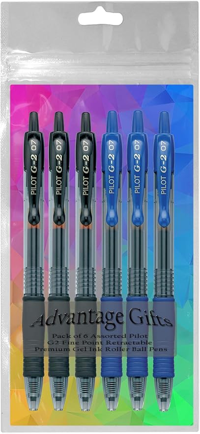 Pilot G2 Retractable Premium Gel Pens (6-pk), Fine Point, Black/Blue Ink, Refillable & Comfort Grip Bundle with Plastic Pouch