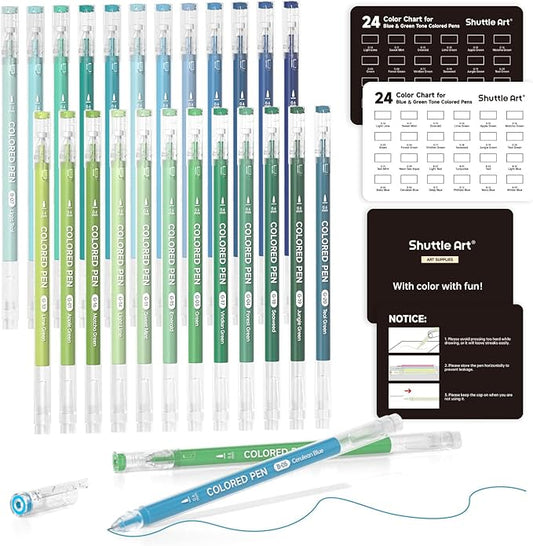 Shuttle Art Colored Pens, 24 Blue & Green Tone Colors Cute Journal Pens 0.6mm Fine Point Colored Gel Pens for Black Paper Adult Coloring Writing Drawing Journaling Note Taking School Office Home