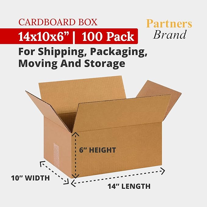 Partners Brand Moving Boxes, Medium 14" x 10" x 6" (100 Pack), Corrugated Cardboard Box for Packing Packaging Mailing Storage & Shipping for Home or Office, 32 ECT - Pack of 100