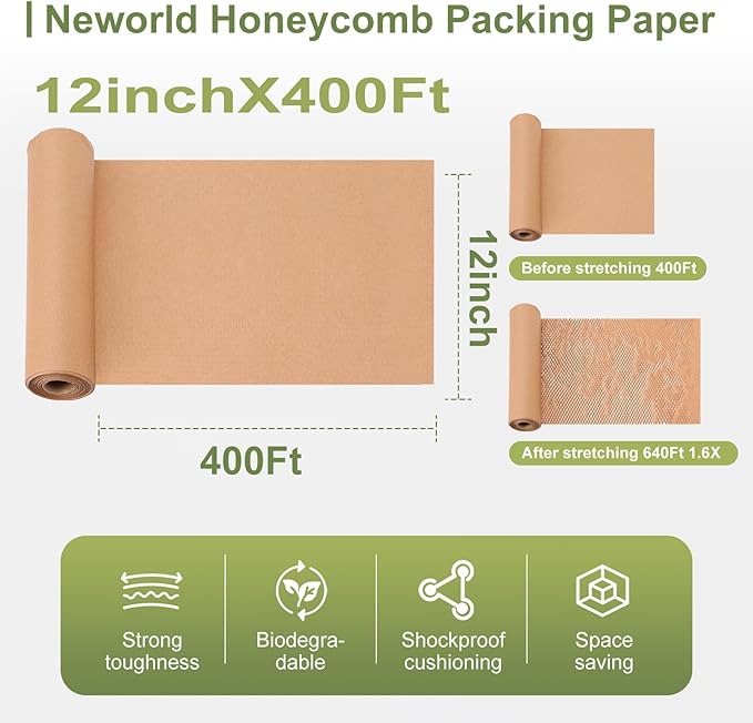 Neworld Honeycomb Packing Paper,12" x 400' Eco Friendly Bubble Cushioning Wrap for Moving,Products & Gifts Wrapping Paper,Recyclable Cushioning Packing Material With 20 Fragile Sticker Labels