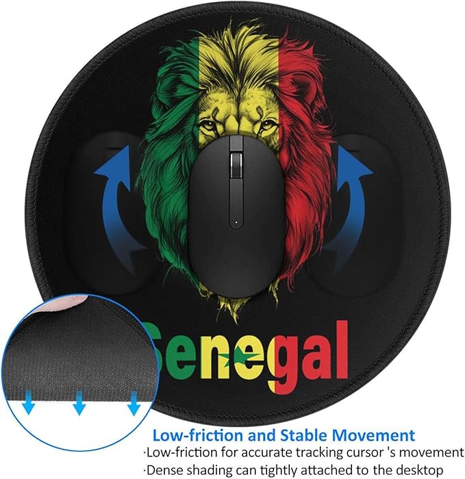 Lion Funny Senegal Flag Round Mouse Pad Small 8 Inch Anti-Slip Portable Office Decor Desk Accessories for Men Women Funny Gift
