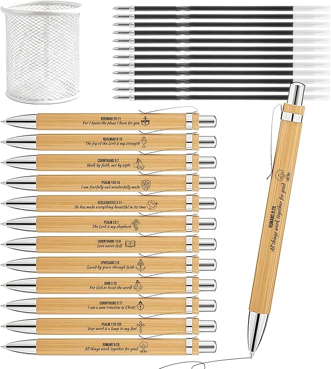 Bible Verse Pens 25 Pcs with 12 Christian Pens & 12 Refills & 1 White Pen Holder Bamboo Retractable Ballpoint Pens Inspirational Quote Pen Religious Gifts for Men Women