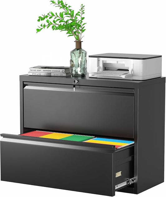 Pataku Lateral File Cabinet, 2 Drawer File Cabinet with Lock, Black Filing Cabinets for Home Office, Metal File Cabinet for Hanging Files/Letters/Legal/F4/A4(Black)
