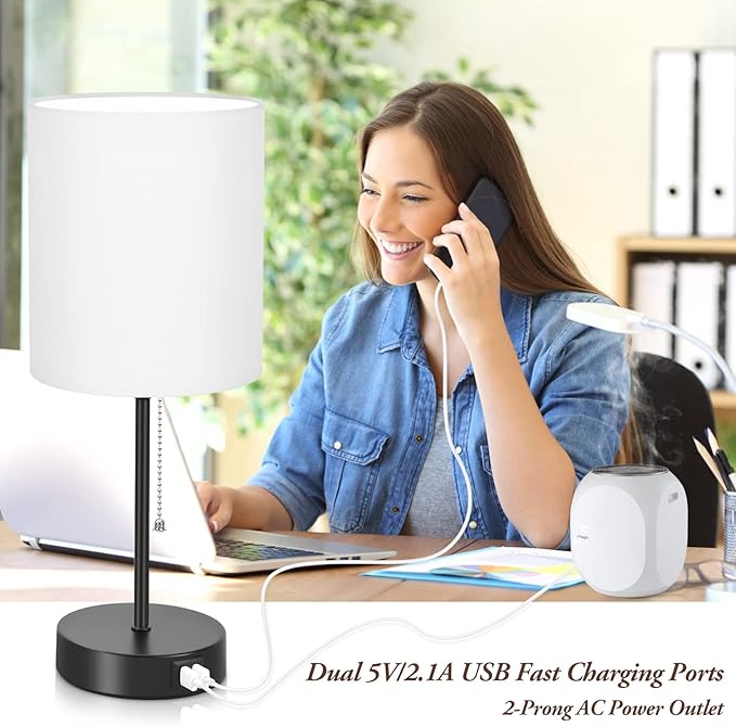 Table Lamps Set of 2 with USB Charging Ports, White Bedside Lamps with AC Outlet, Nightstand Lamps with Pull Chain Switch, Minimalist Modern Desk Lamps with Fabric Shade for Living Room Bedroom Office
