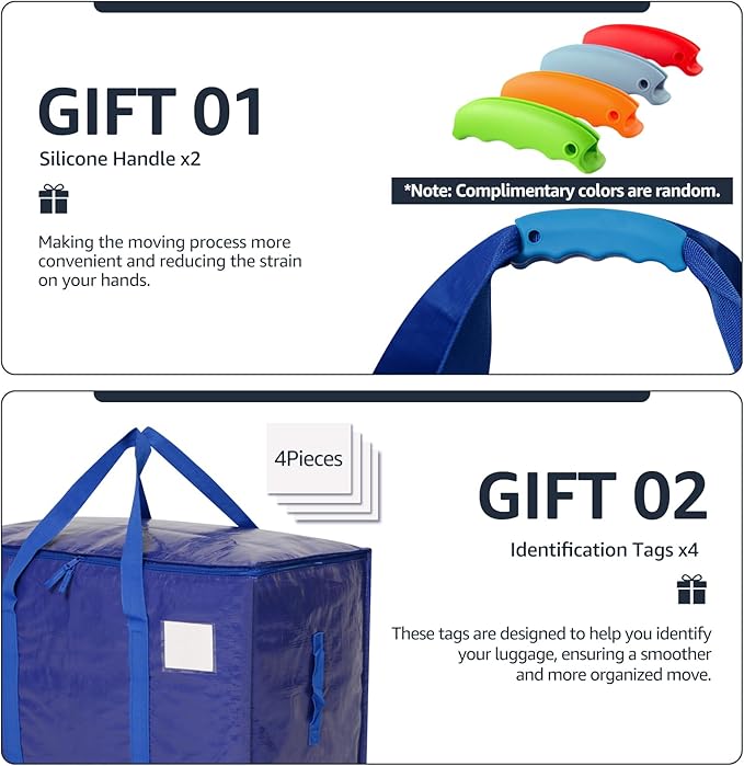 Moving Bags Heavy Duty Extra Large, Moving Boxes, Moving Supplies Essentials, Blue Storage Bins with Lids, Plastic Packing Totes, Storage Bags for Clothes with Handles & Zippers(Blue, 4 Pack)