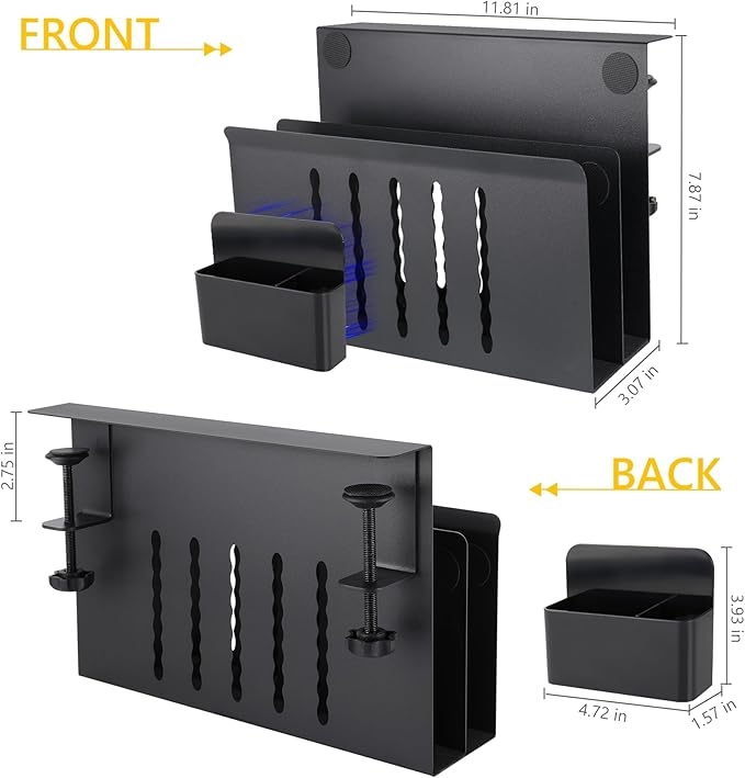 2 TIER Desk Side Storage Upgraded Under Desk Organizer, No Drill Hanging Laptop Holder Under Desk, Clamp-On Table Side Tray Steel Desktop Organization for Office and Home (Black)