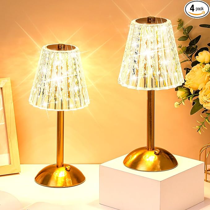 Liliful 4 Pcs LED Portable Cordless Table Lamp Touch Battery Operated Rechargeable Gold Desk Lamp 3 Color Dimmable for Bedroom Living Room Dining (Gold,Classic Style)