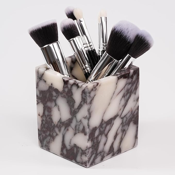 Marble Makeup Brush Holder - Viola Candle Toothbrush Cup for Bathroom Accessories, Decorative Pencil Organizer for Office Desk Aesthetic, Stone Utensil Container for Kitchen Countertop