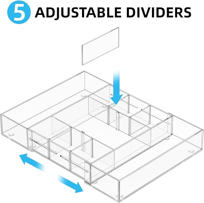 Marbrasse Acrylic Expandable Drawer Organizer, Clear Desk Drawer Organizer Tray with 5 Dividers, Desk Organizers and Accessories, 10 Adjustable Compartments for Office Supplies, Makeup & Vanity