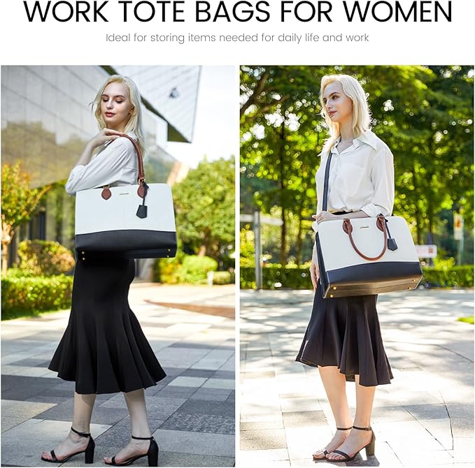 LOVEVOOK Laptop Bag for Women, Work Tote Bags 17.3 inch Computer Bags for Laptops for Women Purse, Large Vintage PU Leather Waterproof Business Office Briefcase, Beige Black Brown