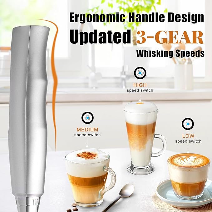 Nahida Silver Milk Frother Wand for Coffee, Frother Handheld Rechargeable Electric Whisk with 3 Heads 3 Speeds Drink Mixer Coffee Frother Foam Maker For Latte, Cappuccino, Hot Chocolate, Egg