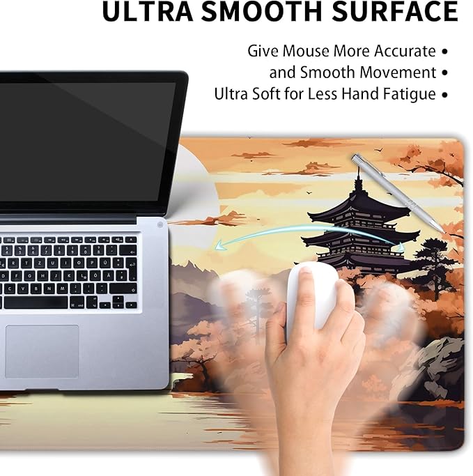 Orange Japanese Sakura Gaming Mouse Pad XXL Yellow Cherry Blossom Mountain Aesthetic Large Desk Mat Big Mousepad Non-Slip Rubber Base Stitched Edge Long Mousepad for Desktop Office, 35.4 x 15.7 in