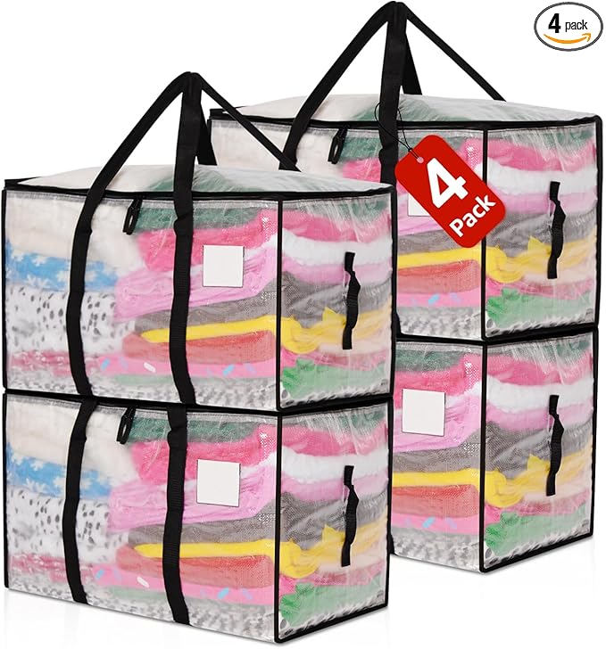 Moving Bags Heavy Duty Extra Large, Alternative for Moving Boxes & Moving Supplies,Clear Storage Bins with Lids, Plastic Packing Tote, Storage Bags for Clothes with Handles & Zippers(Clear, 4Pack)