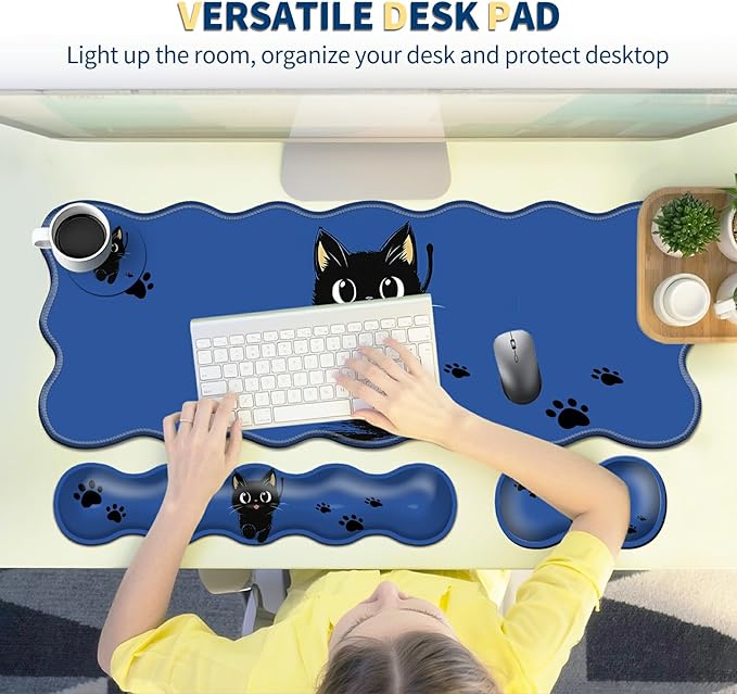 4-Piece XXL Gaming Mouse Pad Set (31.5"x11.8") with Keyboard Wrist Rest,Mouse Wrist Support & Coaster,Ergonomic Non-Slip Desk Mat for Office & Home,Cute Black Cat