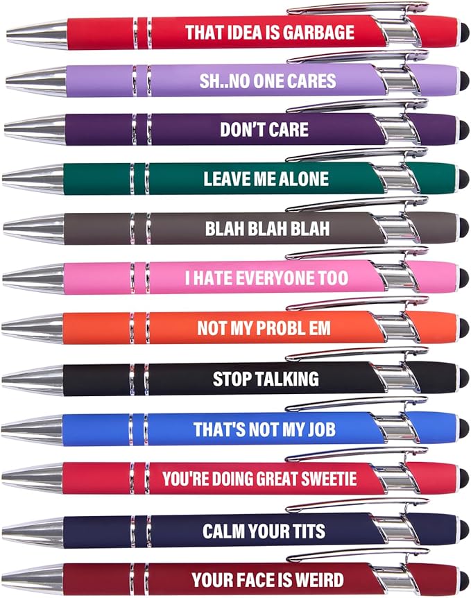 Funny Pens, 12 Pcs Fine Point Smooth Writing Pens, Sarcastic Ballpoint Pens with Touch Stylus Tips, Black Ink 1.0 Mm Snarky Pens, Gift Office Desk Accessories