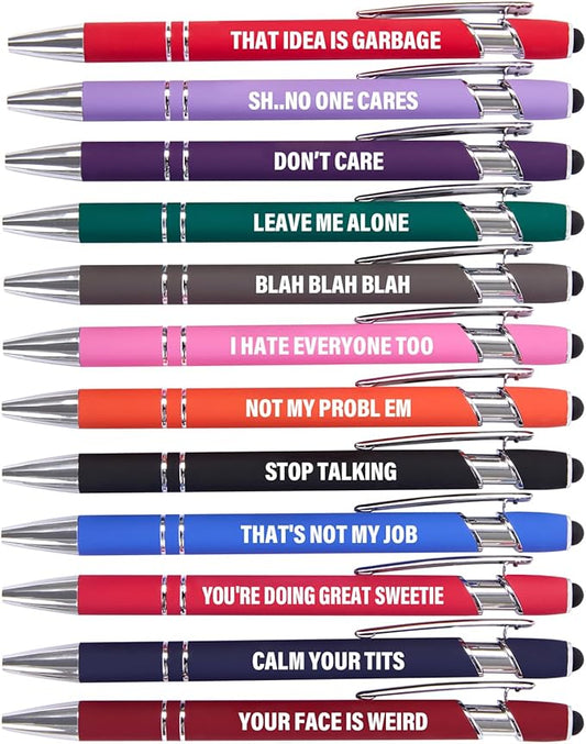 Funny Pens, 12 Pcs Fine Point Smooth Writing Pens, Sarcastic Ballpoint Pens with Touch Stylus Tips, Black Ink 1.0 Mm Snarky Pens, Gift Office Desk Accessories