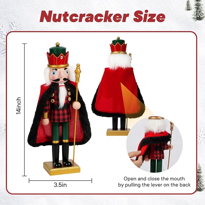 Nutcracker Christmas Decor, Wooden Nutcracker Soldier Christmas Decoration Home Mantle Table Fireplace Christmas Ornaments for Festival Party(14" RedBlack Fur Coat Staff Nutcracker)
