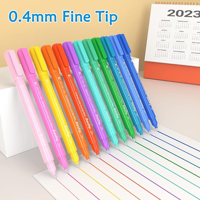 AECHY 12Pcs Dual Tip Markers Pens for Note Taking, Curve Highlighter with 10 Different Curv Shapes & 12 Colors Fine Lines, Colored Curve Pen for Students,Planners,Teachers, Scrapbook Supplies