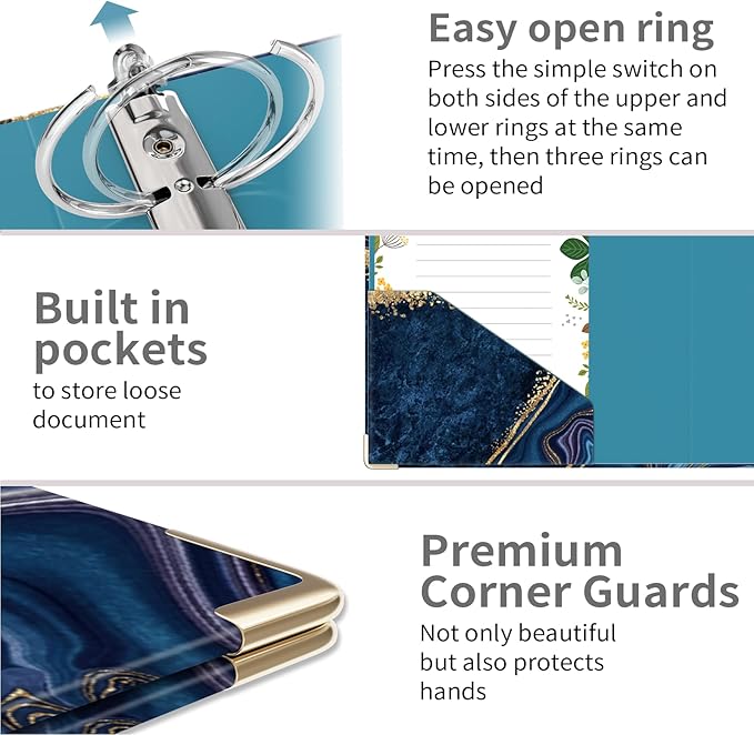 Ospelelf Mini 3-Ring Binder, 2-Inch, Cute for 5.5" x 8.5" with 5 Tab Dividers, File Folder Labels and Low Profile Clipboards, Blue Marble for School and Office