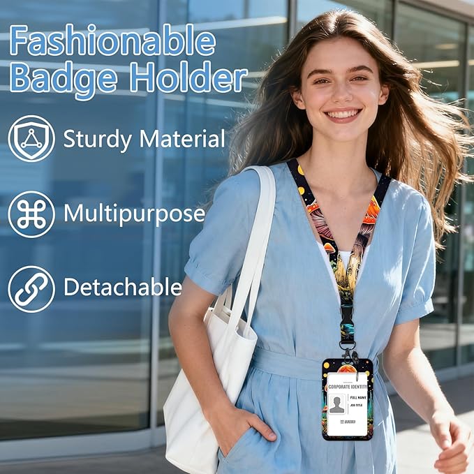 Mushroom Lanyards for Id Holder, ID Badge Holder with Retractable Lanyard, ID Holder with Badge Reel Clips, Name Tag ID Card Holder Teacher Women Doctor Office Gift