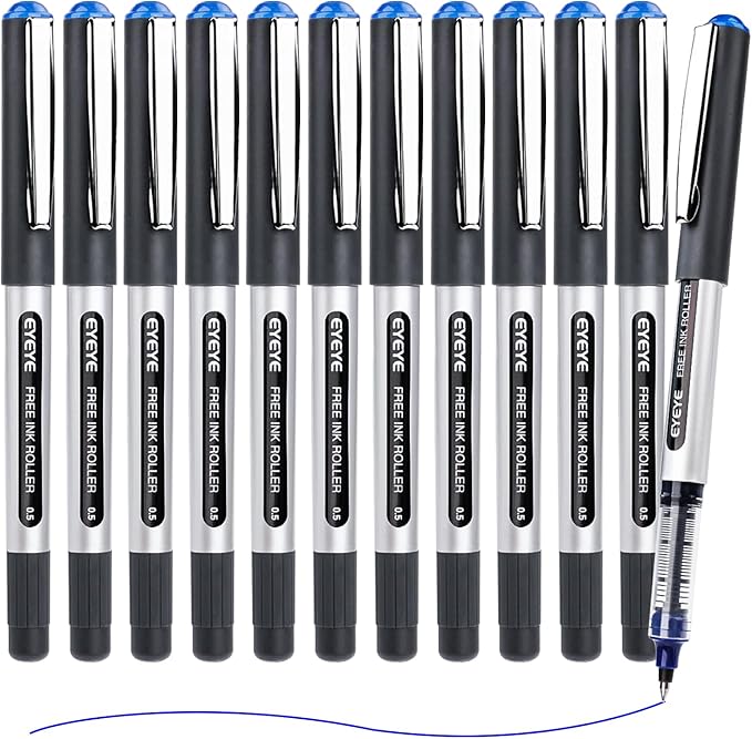 EYEYE Blue Rollerball Pens 0.5mm, 12 Pack Liquid Ink Roller Ball Pen Extra Fine Point Quick Dry, Blue Ink Pens Fine Point Smooth Writing Pen for Journaling, Note Taking, Office, School Supplies