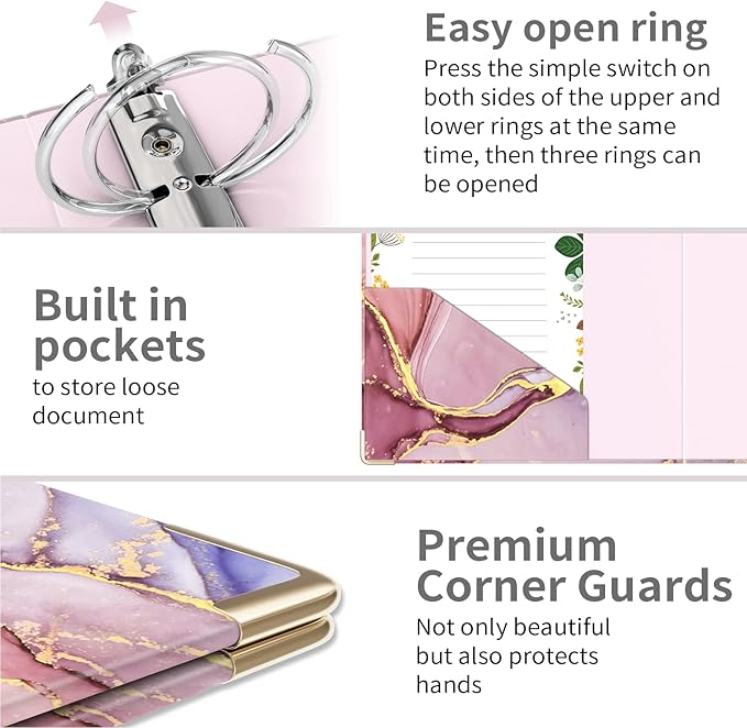 Ospelelf Mini 3 Ring Binder, 2 Inch, Cute Pink Marble Binder for 5.5" x 8.5" with 5 Tab Dividers, File Folder Labels and Low Profile Clipboards