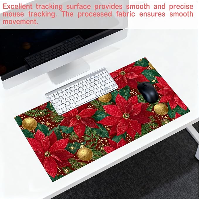 Nuxovilar Professional Large Mouse Pad & Computer Game Mouse Mat (35.4x15.7IN, Christmas Poinsettia & Gold Ornaments) (90 * 40cm Christmas Theme)