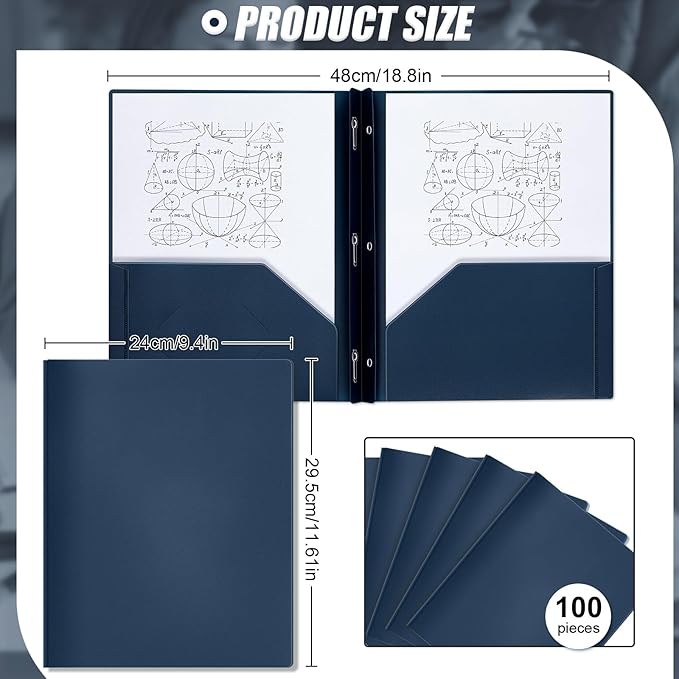 Lincia 100 Pcs Plastic Folders with Pockets and Prong Folders with Prongs Plastic Folders with 2 Pockets Pocket Folders for Office, School for Students, Teachers, Office Workers (Navy Blue)