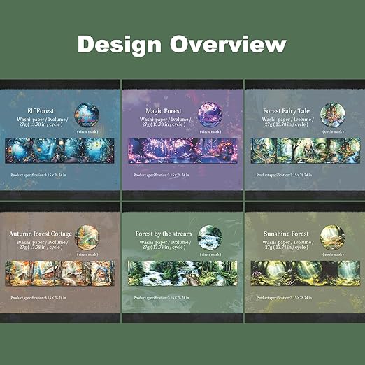 Forest-Themed Seamless Washi Tape Scrapbook Kit – 6 Rolls with Cottage, Waterfall & Fairy Forest Designs for Journaling, DIY Crafts, Gift Wrapping, Card Making and Decoration
