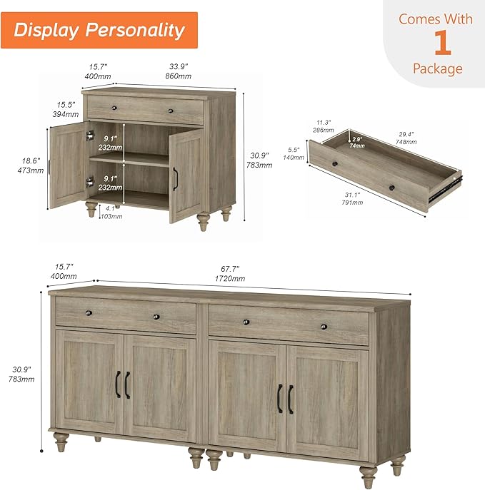 WAMPAT 5 Tier Farmhouse Bookcase 72" Tall Bookshelf with Barn Doors, Large Display Book Shelf with 2 Drawers and Storage Cabinet, Library Wood Bookshelves for Living Room,Kitchen, Wash Grey (2PCS)