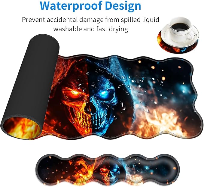 Large Mouse Pad and Keyboard Wrist Rest, Desk Pad for Keyboard and Mouse, 4-in-1 Large Gaming Mouse Pad with Wrist Support, Desk Mat for Home Office Study Game-Flaming Skull